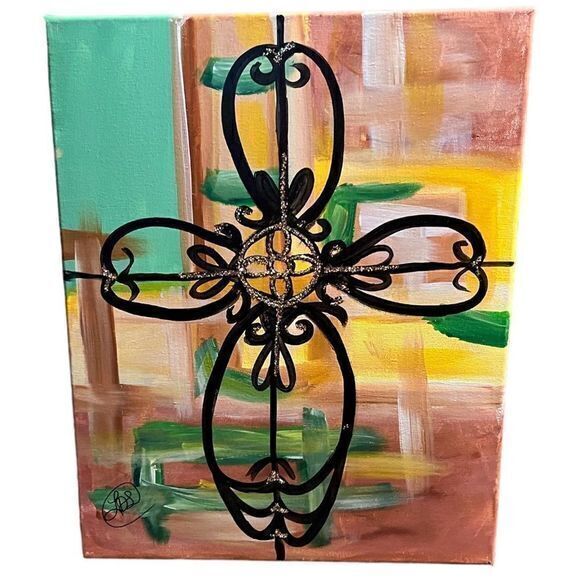 Canvas Cross Heart Design Hanging Wall Decoration Size 16” W x 20” H Brown Green - Picture 1 of 2